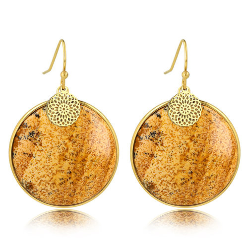My Bendel Elegante Gouden Oorbel met Picture Jasper en Bloemenbedel