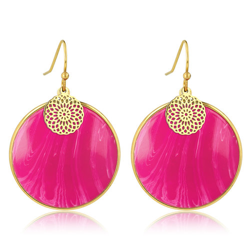 My Bendel Elegante Gouden Oorbel met Rose Stripe Agate en Bloem
