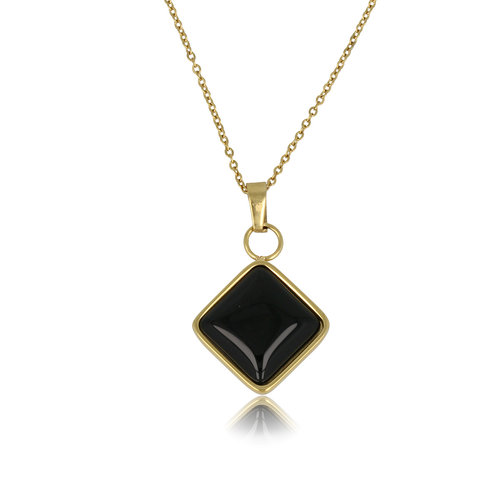 My Bendel Gouden Schakelketting met Ruiten Onyx Hanger
