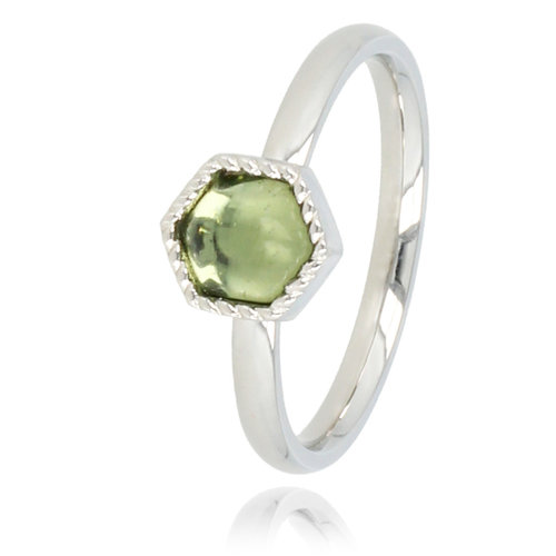 My Bendel Zilveren ring - zeshoek vorm - groene glassteen