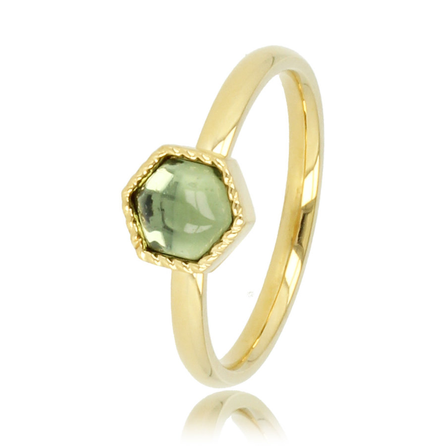 My Bendel Einzigartiger Goldring in Sechseckform mit grünem Glasstein