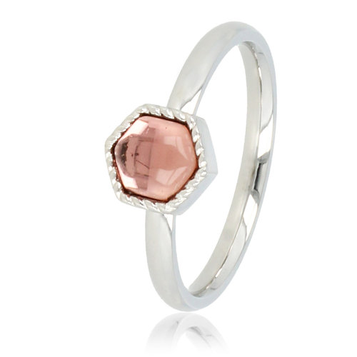 My Bendel Zilveren ring - zeshoek - donkerroze glassteen