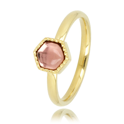 My Bendel Gouden ring - zeshoekig - donkerroze glassteen