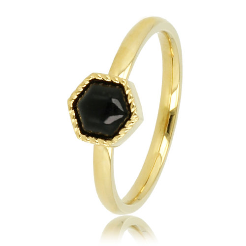 My Bendel Gouden ring - zeshoekig ontwerp - zwarte glassteen