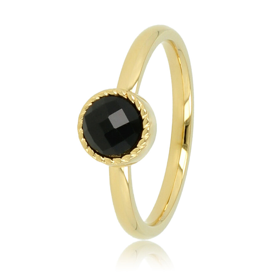 My Bendel  Goldring mit schwarzem Glasstein und gedrehter Kante