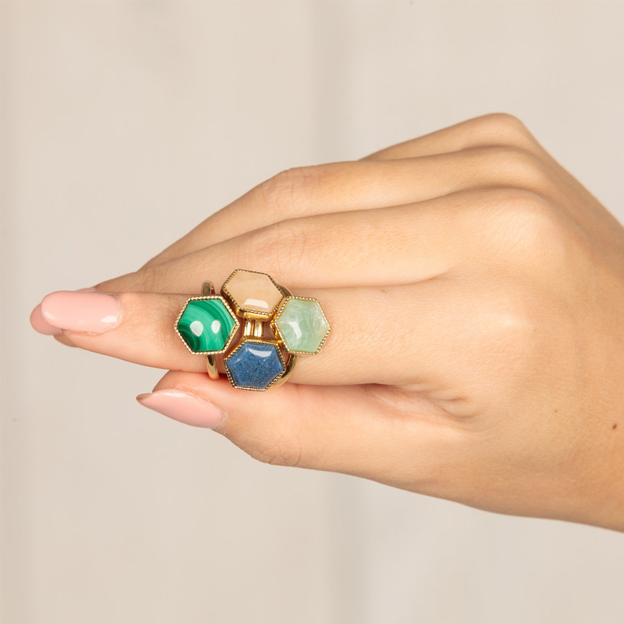 My Bendel Bijzondere gouden ring gevormd in een zeshoek met Blue Aventurine edelsteen