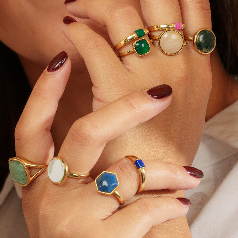 My Bendel Bijzondere gouden ring gevormd in een zeshoek met Blue Aventurine edelsteen