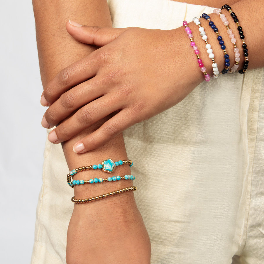 My Bendel Gold beaded bracelet with Imperial Jasper flower charm