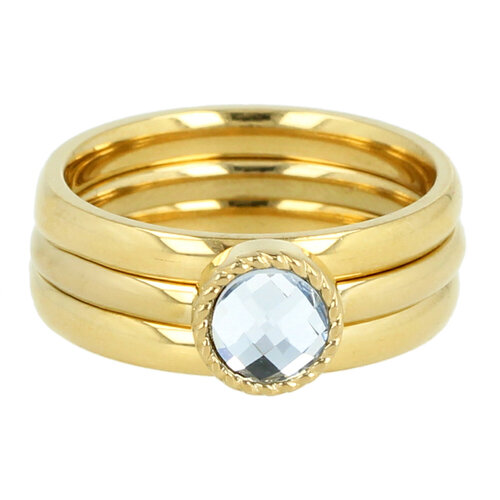My Bendel Gouden ringenset - 2 gladde ringen - 1 met kristal glassteen