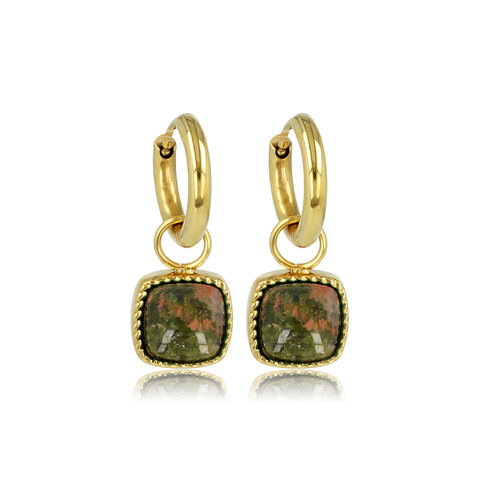 My Bendel Klassieke Gouden Oorringen met Unakite Hanger