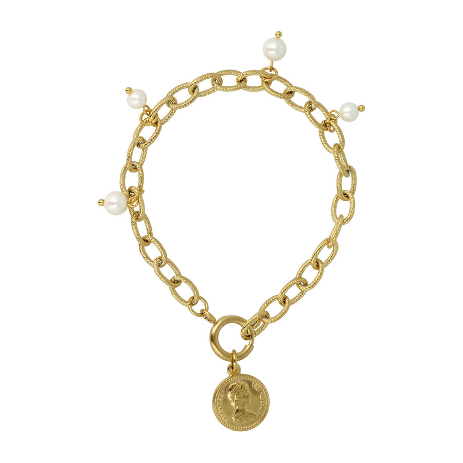 My Bendel Gold twisted link bracelet with White Pearl Charms.