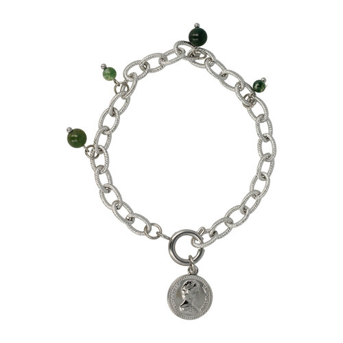 My Bendel Link bracelet silver with coin charm and Moss Agate gemstone