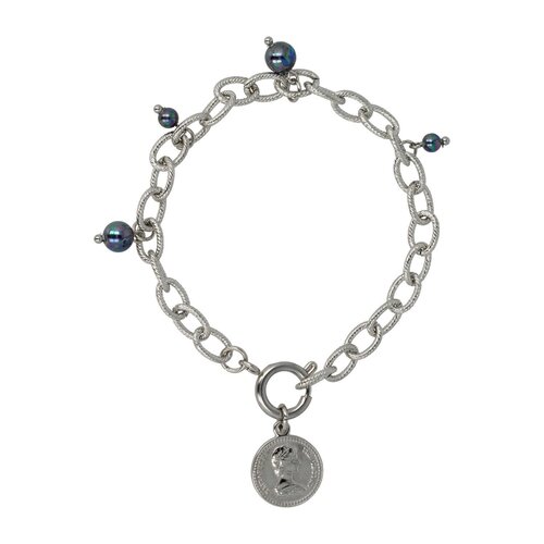 My Bendel Link bracelet silver with coin charm and black pearl