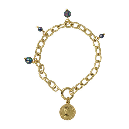 My Bendel Link bracelet gold with coin charm and black pearl