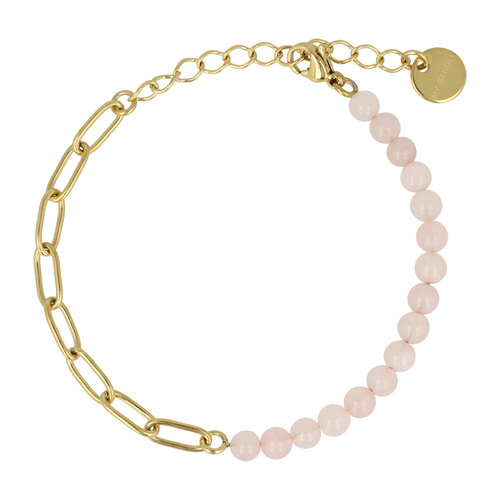 My Bendel Gouden Schakelarmband met Roze Quartz Edelstenen