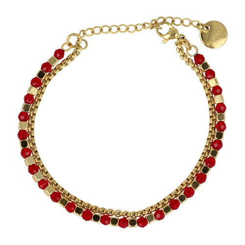 My Bendel Gouden Armband met Rode Glasstenen - Elegant Design