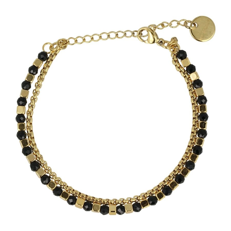 My Bendel Gouden dubbele armband met zwarte glasstenen. Elegantie en schittering verenigd. Laat je pols stralen in tijdloze schoonheid. # PO2333