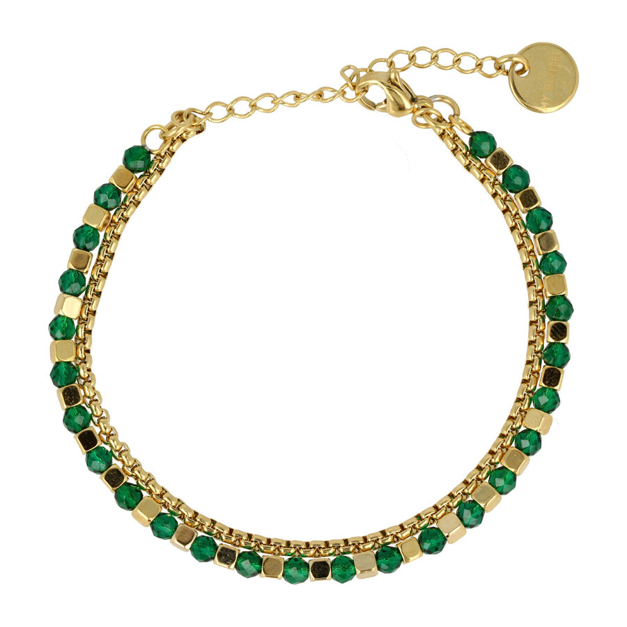 My Bendel Gouden dubbele armband met groene glasstenen. Elegant en sprankelend, perfect voor elke gelegenheid. Laat je pols stralen. # PO2339