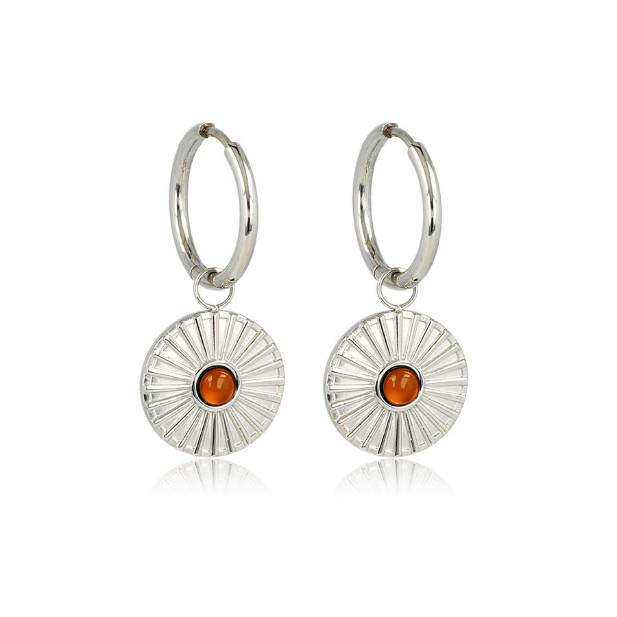 My Bendel Cheerful silver earrings with sun pendant and carnelian gemstone inside