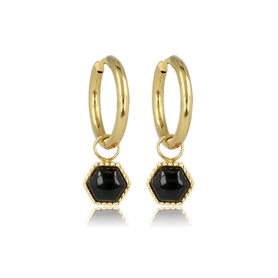 My Bendel  Gouden oorringen met zeshoek Onyx hanger