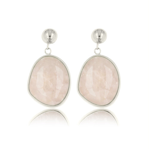 My Bendel Zilveren Oorbel met Ronde Rose Quartz Hanger