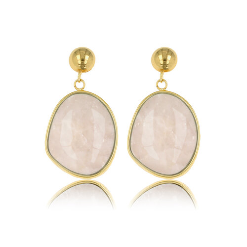 My Bendel Gouden Oorbel met Ronde Rose Quartz Hanger