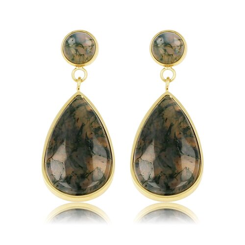 My Bendel Gouden Oorbel met Moss Agate Druppel Hanger