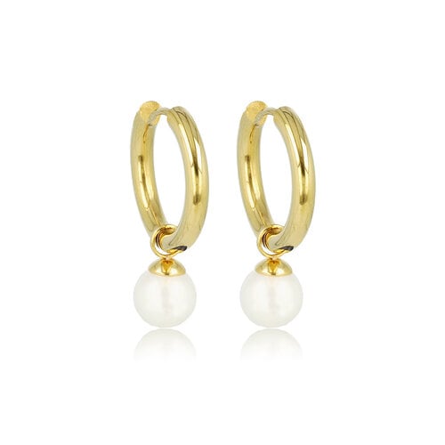 My Bendel Elegante Gouden Oorringen met Witte Parel Charm