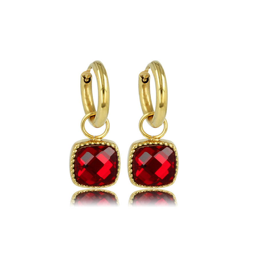 My Bendel Gold earrings with square dark red glass stone