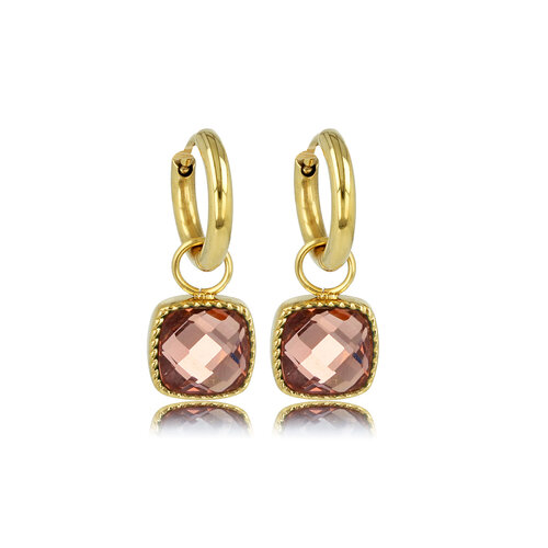 My Bendel Stijlvolle gouden oorring met roze glassteen 30 mm
