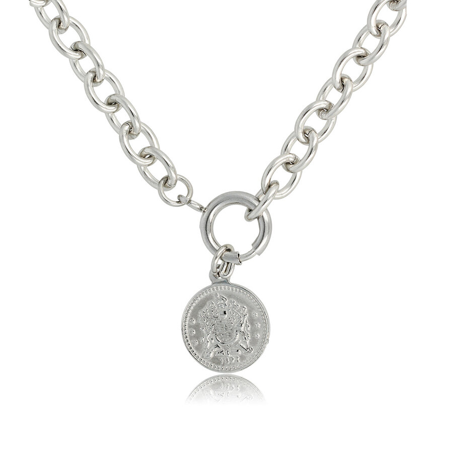 My Bendel Zilveren ketting met grote schakels en munt, een uniek accessoire dat robuustheid en elegantie combineert. Perfect voor zelfverzekerde stijl. My Bendel