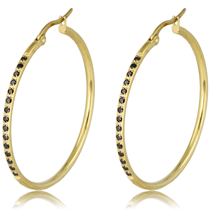 My Bendel Stijlvolle Gouden Oorringen met Zwarte Zirkonia, 40mm, Nikkelvrij Stainless Steel - Ontdek de Elegantie! - My Bendel