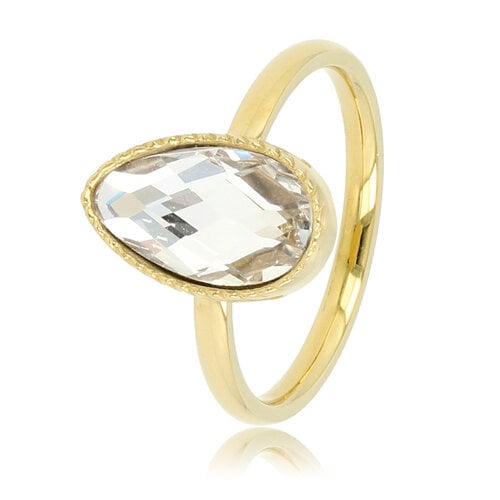 My Bendel Gouden twisted ring met witte kristalsteen druppel