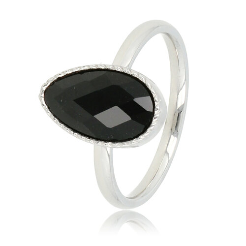 My Bendel Zilveren ring - getwist randje - zwarte glassteen