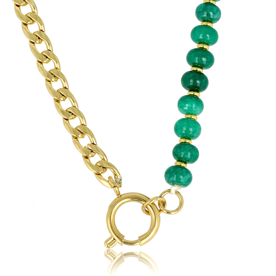 My Bendel Unieke gouden schakelketting met Green Agate edelstenen voor een exclusieve look. Voeg natuurlijke schoonheid toe aan je stijl. My Bendel.