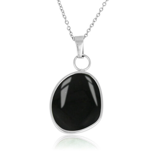 My Bendel Zilveren Ketting met Grote Ronde Onyx Hanger