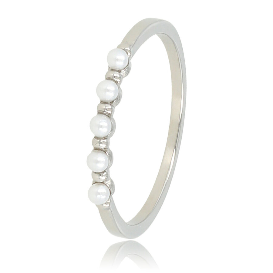 My Bendel Minimalistische zilveren ring met 5 witte parels. Elegant en tijdloos design. Perfect voor elke gelegenheid. 1 jaar garantie.
