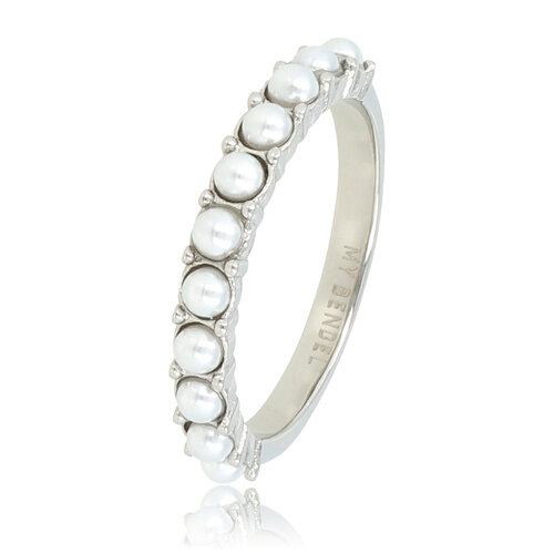 My Bendel Zilveren aanschuifring - kleine witte parels - elegantie