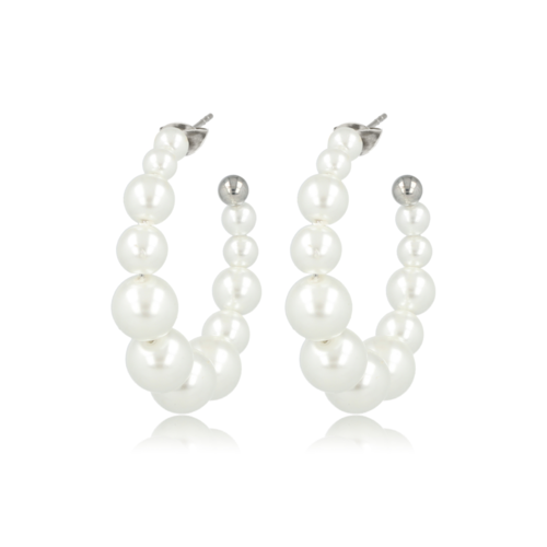 My Bendel Zilveren Oorringen met Grote Witte Parels - 30mm Staal