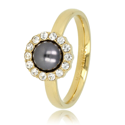 My Bendel Gouden ring - zwarte parel - zirkonia steentjes