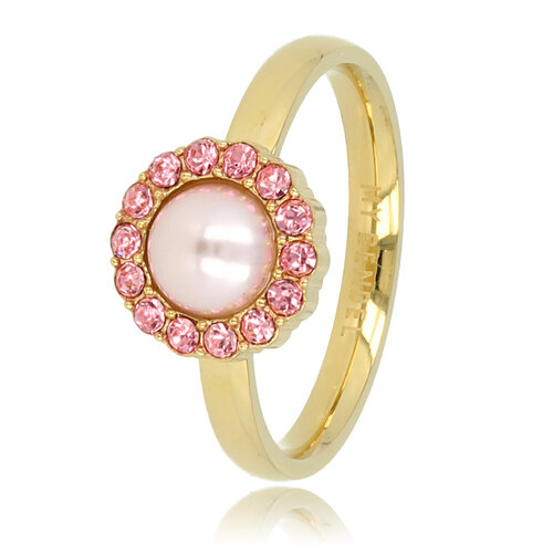 My Bendel Gouden ring - roze parel - zirkonia steentjes