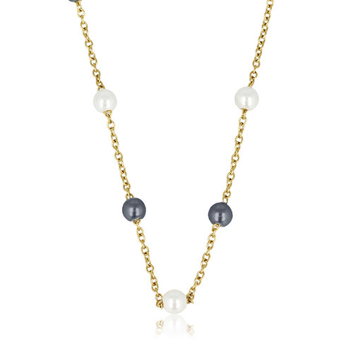 My Bendel Gold thin link chain with white and black pearls