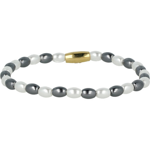 My Bendel Gold-coloured elastic bracelet with white and black pearl