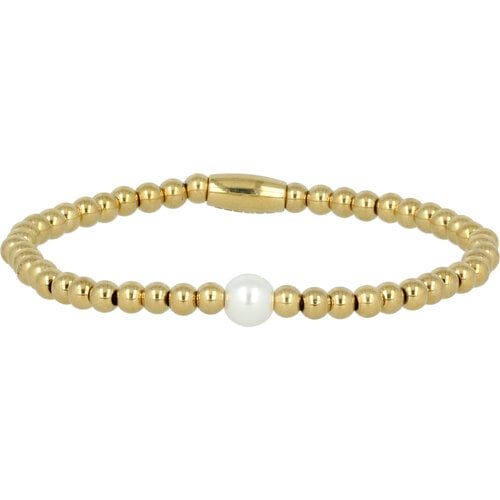 My Bendel Gouden kralenarmband met witte parel - Elegant sieraad
