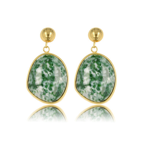 My Bendel Stralende Gouden Oorbel met Green Spotted Jade