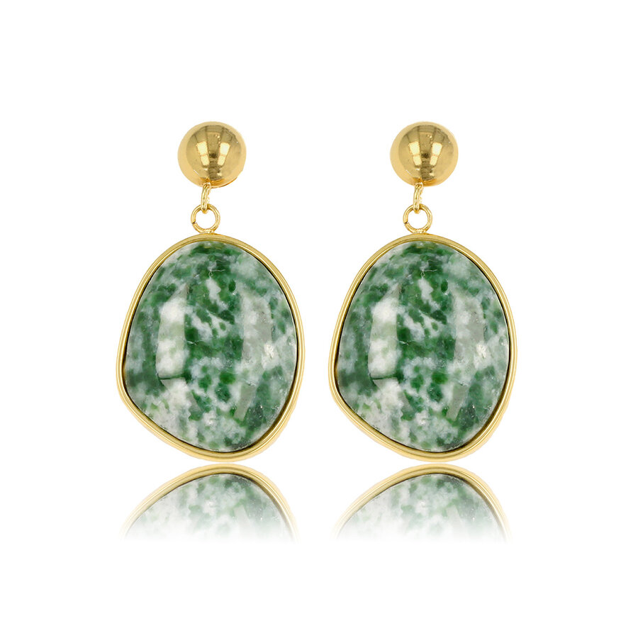 My Bendel Gold earring with round pendant and green spot jade gemstone