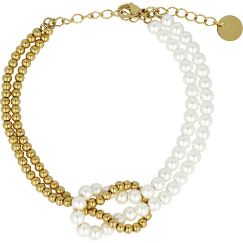 My Bendel Gouden Armband met Witte Parels en Knoopdetail