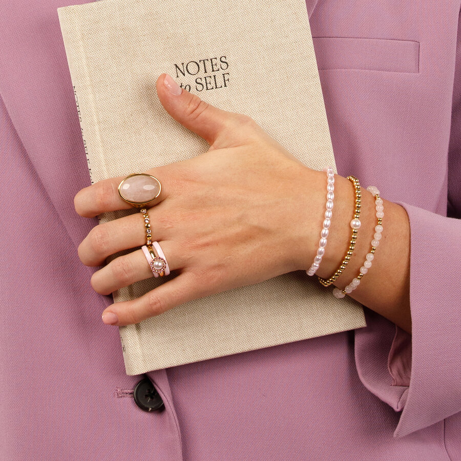 My Bendel Gouden statement ring met Rose Quartz edelsteen voor dames. Stijlvol en uniek. 1 jaar garantie.