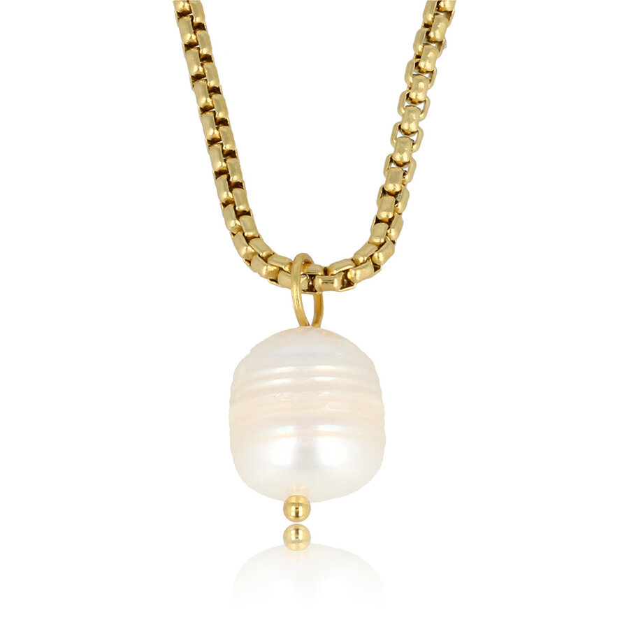 My Bendel Stijlvolle gouden ketting met witte zoetwaterparel, een tijdloos accessoire dat elke outfit verfijnt. Voeg elegantie toe met My Bendel.