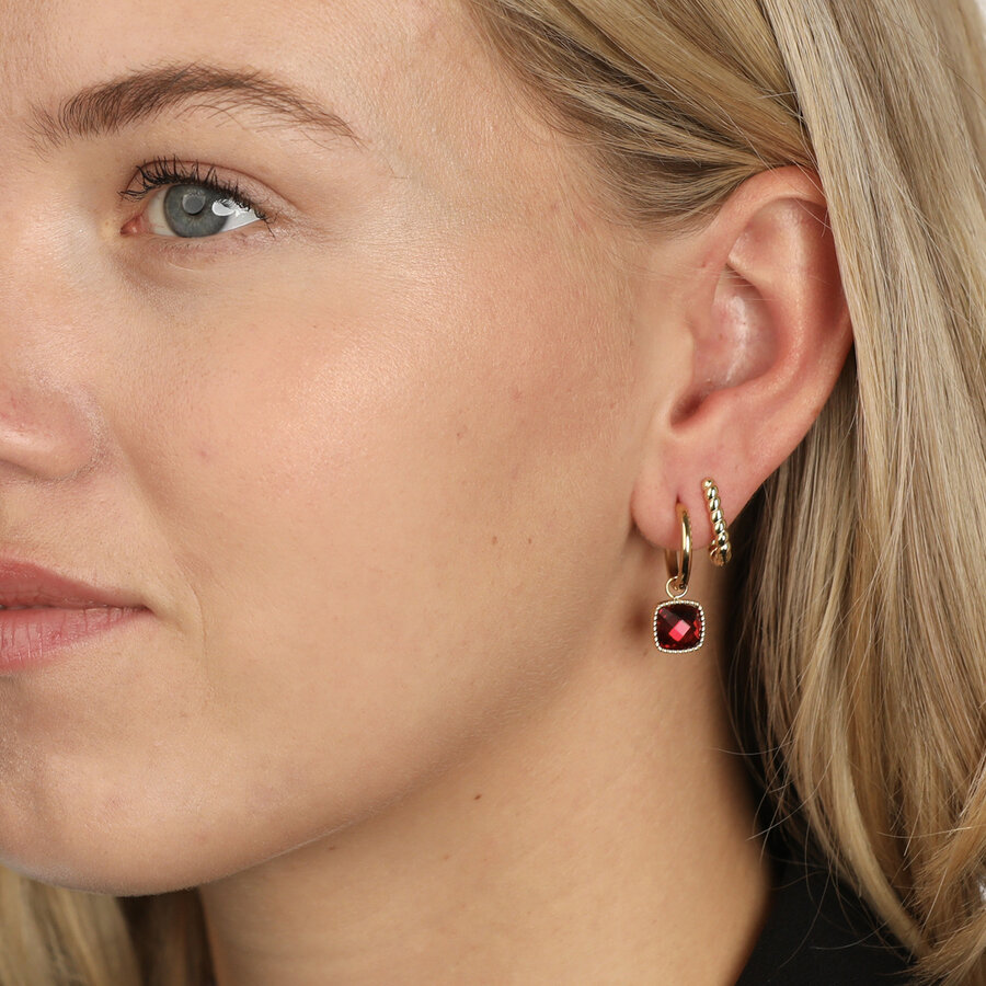 My Bendel Gold earrings with square dark red glass stone